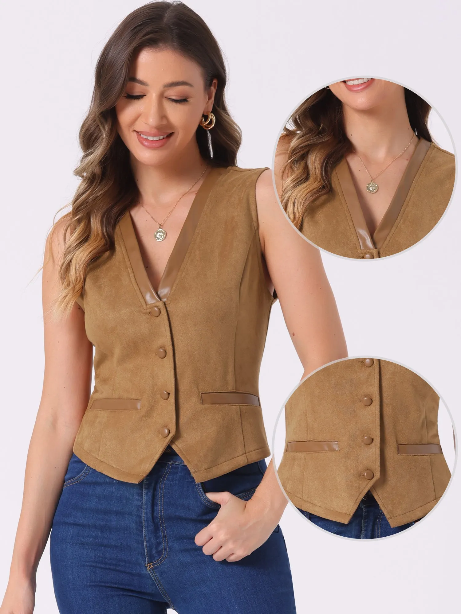 V Neck Faux Suede Button Down Vintage Sleeveless Casual Vest