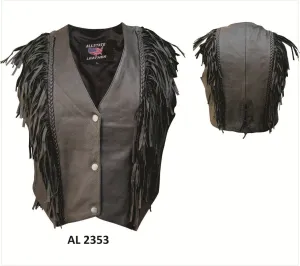 Women's Drum Dyed Naked Leather Motorcycle Vest Fringes Front and Back