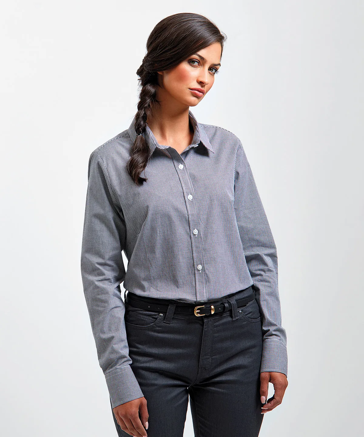 Womens Microcheck (Gingham) long sleeve cotton shirt | Light Blue/White