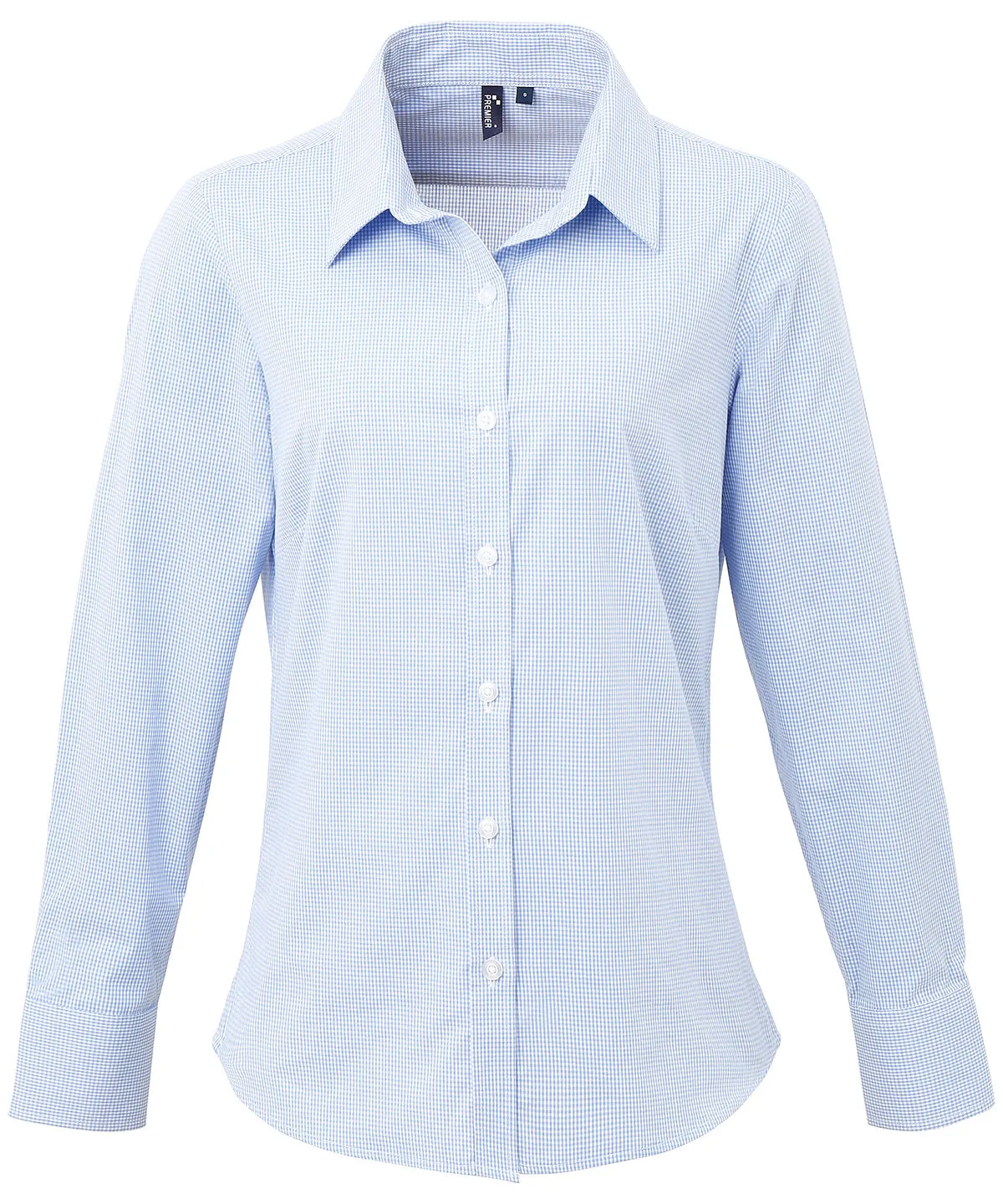 Womens Microcheck (Gingham) long sleeve cotton shirt | Light Blue/White