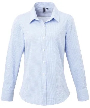 Womens Microcheck (Gingham) long sleeve cotton shirt | Light Blue/White