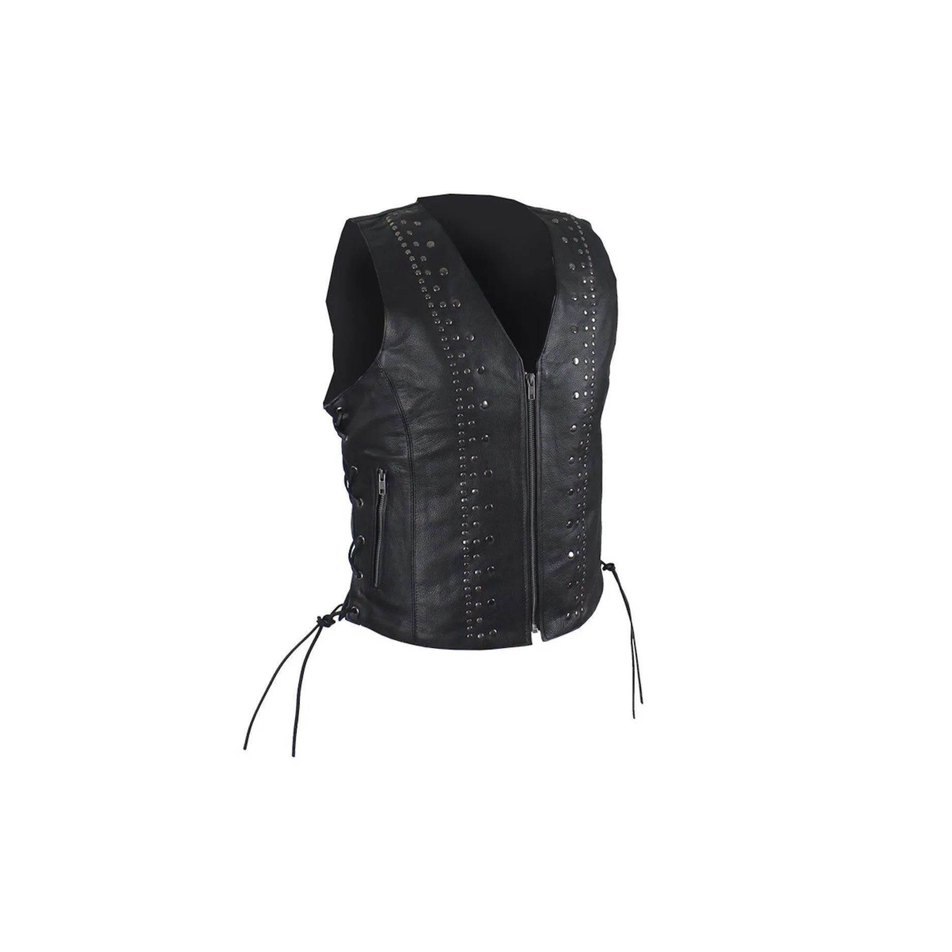 Women's Naked Leather Motorcycle Vest With Satin Nickel Studs and Gun Pockets